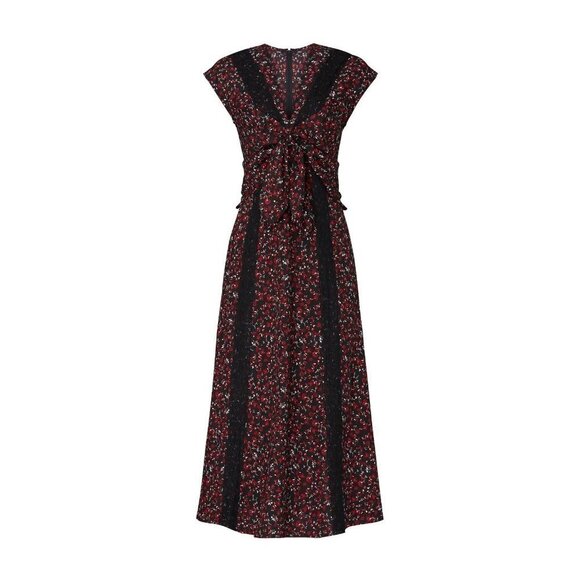 Thakoon Collective Paisley Tie Front Midi Dress Sz 4 Black and Red Floral - Picture 2 of 13